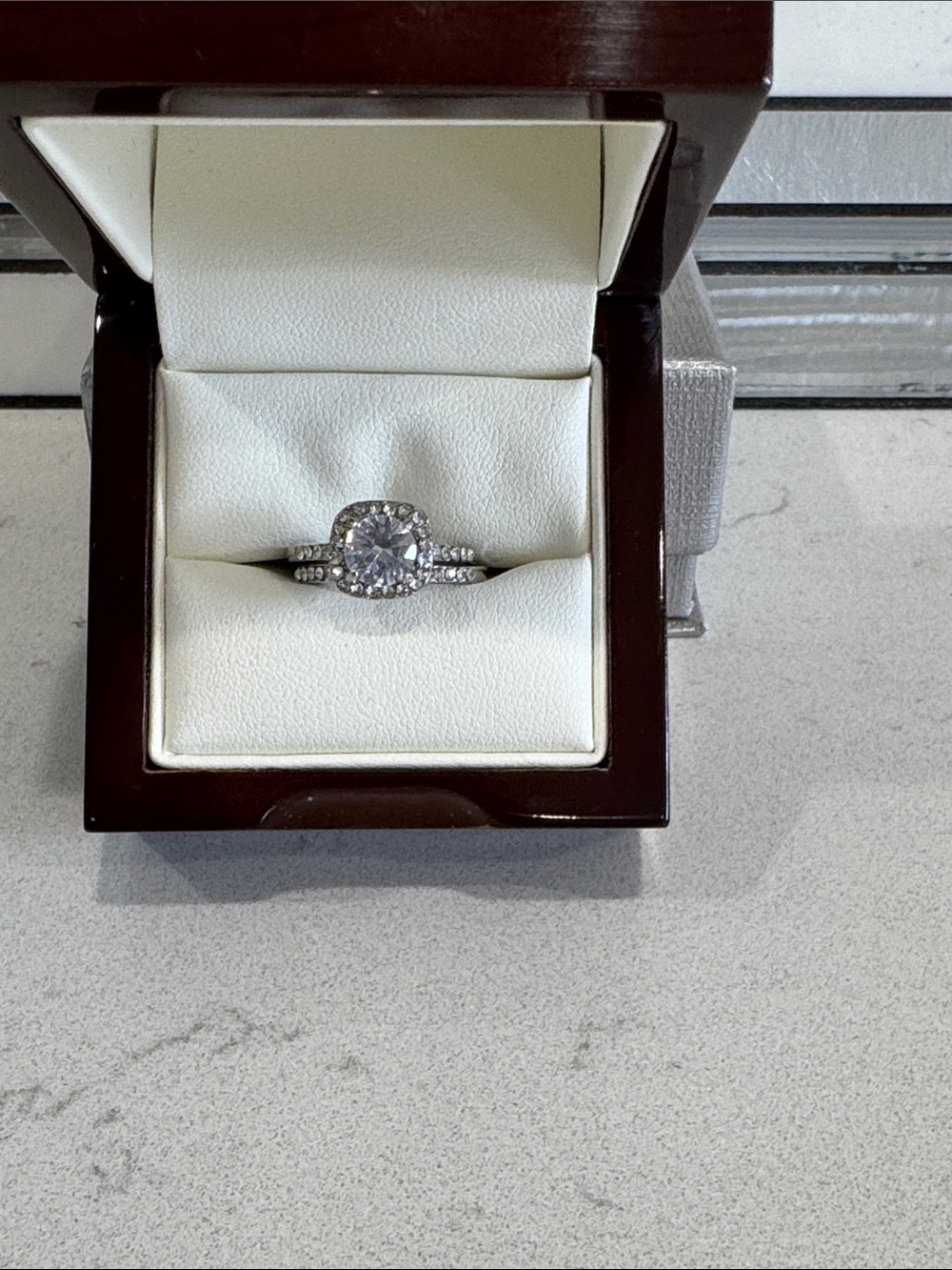 Silver Halo Engagement Ring - White Crystal Accent